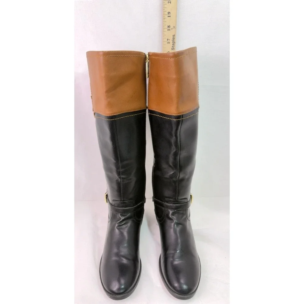 Tommy Hilfiger Women 7.5M Tall Riding Boot Black Cognac Gold Logo Zip Knee High